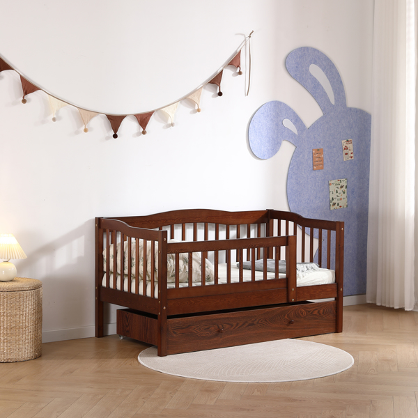 FCH Vertical Fence Brown Painted Pine Toddler Bed with Bottom Drawer and Side Car Bed