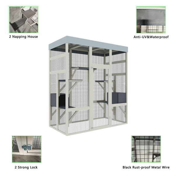 62.6" Gray WoodenOutdoor Pet Enclosure with Waterproof Top, Spacious and Secure Cat House & Small Animal Cage, Black Rust-proof Metal Wire