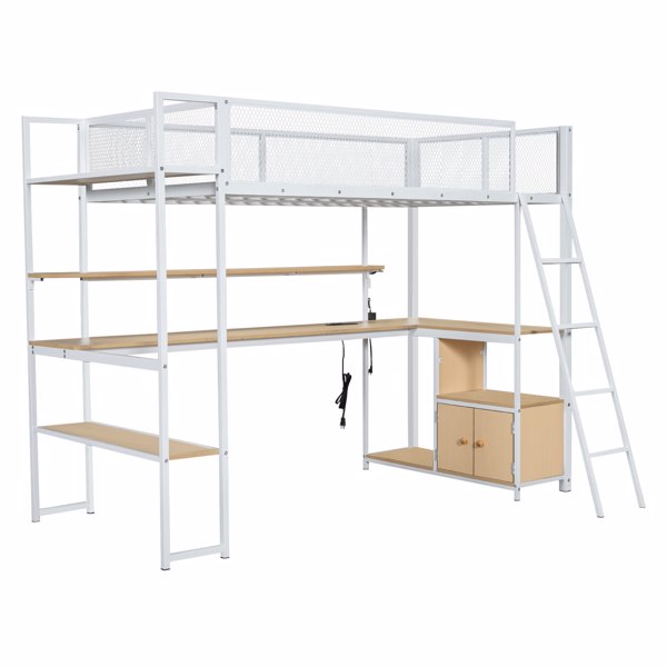 Twin Size Metal Loft Bed with Built-in Work Station, LED and Multiple Storage, White