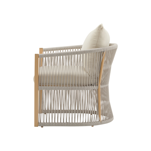 现代米色弧形铝制休闲椅，采用时尚的绳编设计和舒适的软垫，非常适合户外生活-8