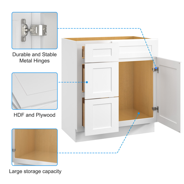 30 in. W x 21 in. D x 34.5 in. H in Shaker White Plywood Ready to Assemble Floor Vanity Sink Base Kitchen Cabinet with Left Door