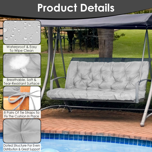 Swing Replacement Seat Cushions, Cushions for Outdoor Furnitur with Backrest, Garden Recliner Waterproof Porch Swing Cushions with Backrest 8 Tie Straps 59x43.3x3.9in for Patio Furniture--Grey