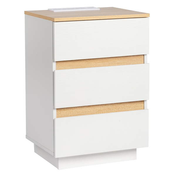 FCH Embossed White + Embossed Oak E1 Particleboard 12MM Handle-free 38*32*56cm 3 drawers Bedside table British standard socket 1pc