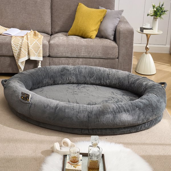 Human Dog Bed for Adult, Giant Extra Large Memory Foam Human Size Pet Bed for People, Fluffy Plush Dog Bed for Human with Storage Pocket  Cover Portable Handle Non-Slip Bottom