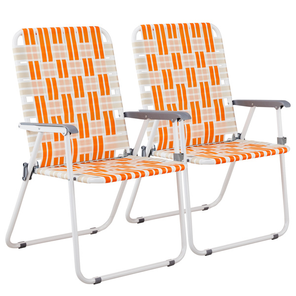 Set of 2 Webbed Folding Beach Chairs, Outdoor Patio Lawn Foldable Chairs for Camping Fishing Yard Poolside BBQ, Orange & White