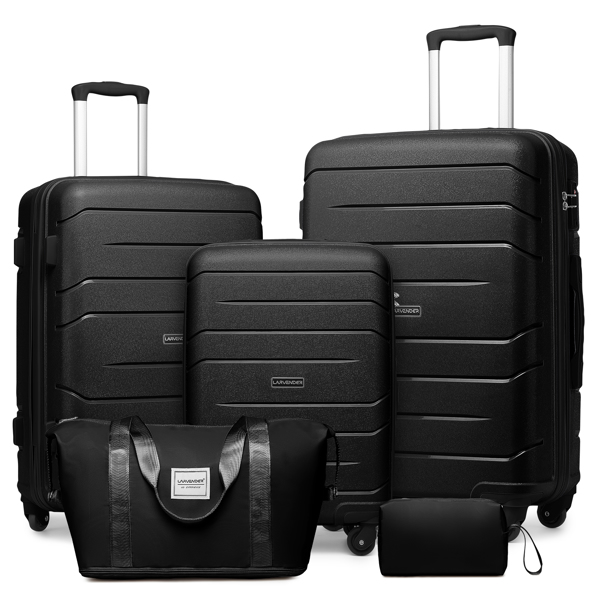 Luggage Sets 5 Piece, Expandable Luggage Hardside PP Suitcase Sets with Spinner Wheels TSA Lock, Black