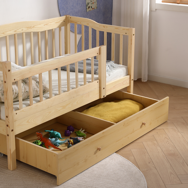 FCH Vertical Fence Wood Painted Pine Toddler Bed with Bottom Drawer and Side Car Bed