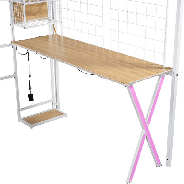 Full Size Metal Loft Bed with Built-in Work Station, Wardrobe, Storage Staircase and LED, White