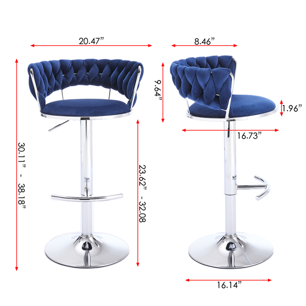 Set of 2 Bar Stools,with Chrome Footrest and Base Swivel Height Adjustable Mechanical Lifting Velvet + Chrome  Leg Simple Bar Stool-BLUE