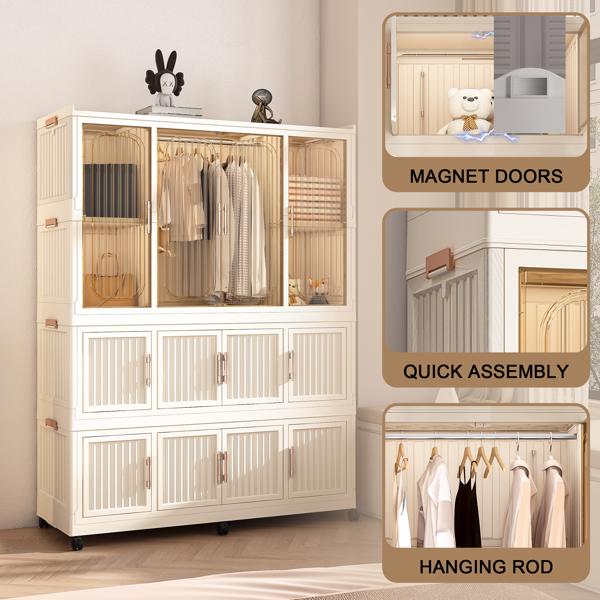 Portable Wardrobe Closet Storage Organizer for Clothes,Clothes Dresser,12 Magnetic Doors-12 Cubes & 1 Hanging Rod,6 pcs hangers , Baby Wardrobe Storage Cabinet,White