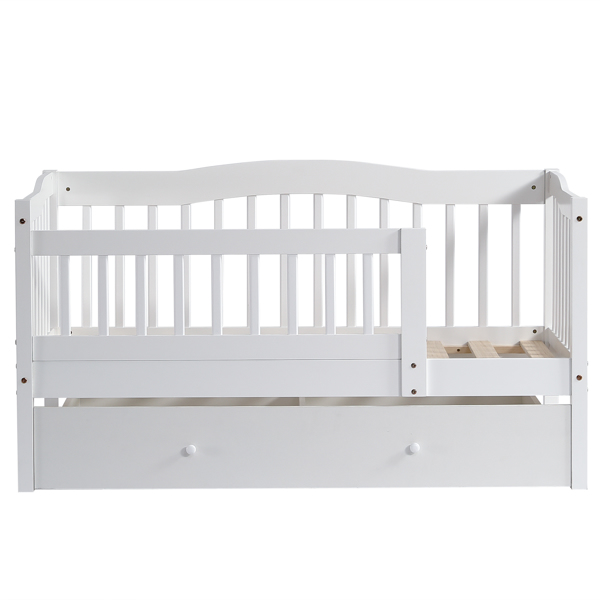 FCH Vertical Fence White Painted Pine Toddler Bed with Bottom Drawer and Side Car Bed