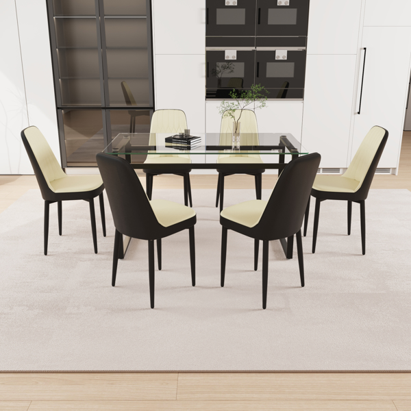 51" 6 person glass dining table set, kitchen set with black metal leg dining table and chairs, modern rectangular tempered glass tabletop and dining room thick cushioned PU dining chair 