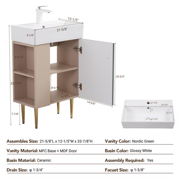 21.6" Open-shelving Bathroom Vanity with Ceramic Sink and Soft-Closing Door, Cloakroom Open Shelf Storage Cabinet on the Left Side, Assembly Required, Green 24VB06-21LVL