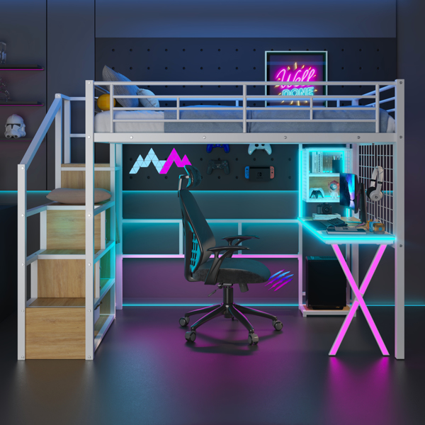 Full Size Metal Loft Bed with Built-in Work Station, Wardrobe, Storage Staircase and LED, White