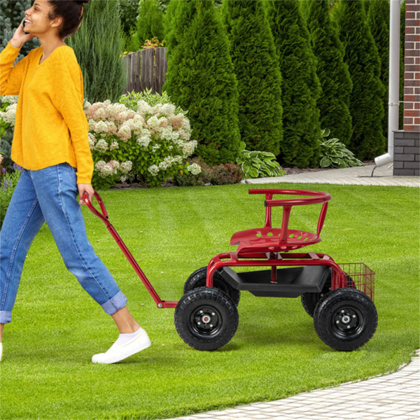 Garden Cart Height Adjustable Scooter with Swivel Seat & Tool Storage Red