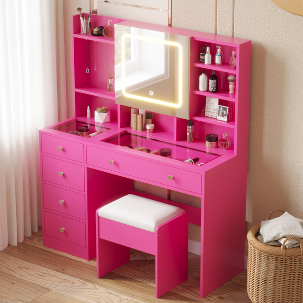 Barbie Pink Textured Particle Board with Melamine Laminate, Tempered Glass Top, Five-Drawer Dressing Table Set with Shelves, Hooks, Power Strip, and LED Three-Color Dimmable Light