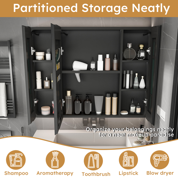 铝制药柜镜，35 x 28 英寸药柜，带 3 种颜色的 LED 灯和除雾功能，浴室镜柜，带化妆品收纳架和吹风机支架，灰色-8