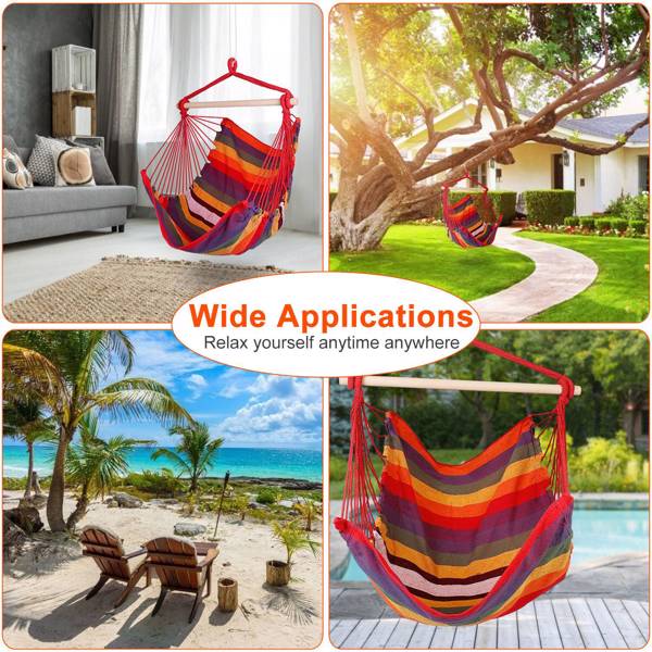 Hammock Hanging Chair Canvas Porch Patio Swing Seat Portable Camping Rope Seat Wooden Stick Hammock Chair with 2 Pillows 265LBS Load-bearing