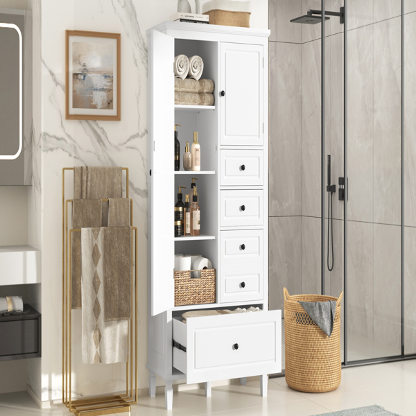 Tall and Wide Storage Cabinet with Doors for Bathroom/Office/Living Room/Indoor, Four Drawers of Different Sizes, Adjustable Shelves, White