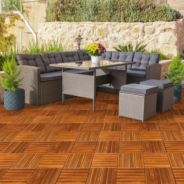 27pcs Wood Interlocking Deck Tiles 11.8"x11.8", Waterproof Flooring Tiles for Indoor and Outdoor, Patio Wood Flooring for Patio Porch Poolside Balcony Backyard