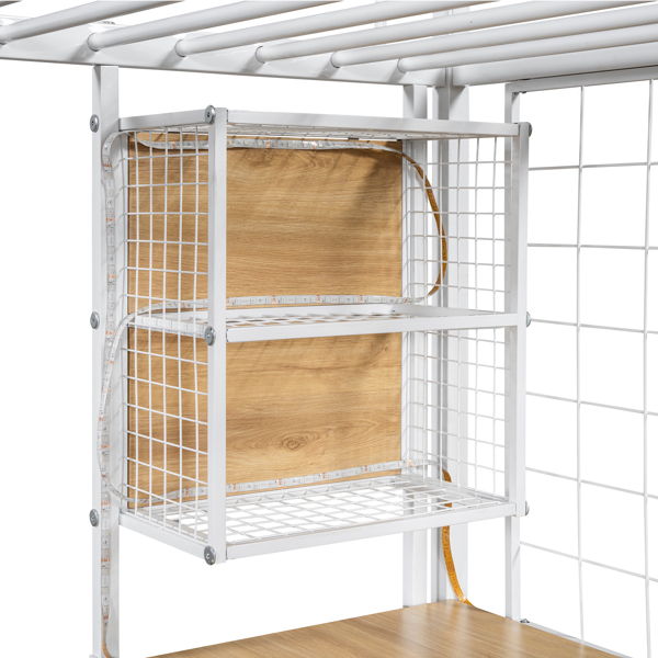 Twin Size Metal Loft Bed with Built-in Work Station, Wardrobe, Storage Staircase and LED, White