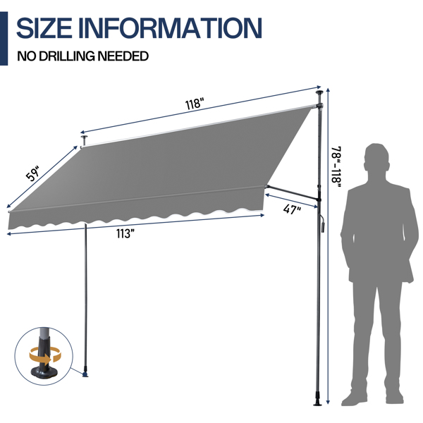 118.1"D x 47.2"W x(78.7 -118.1)"H Retractable Awning Grey