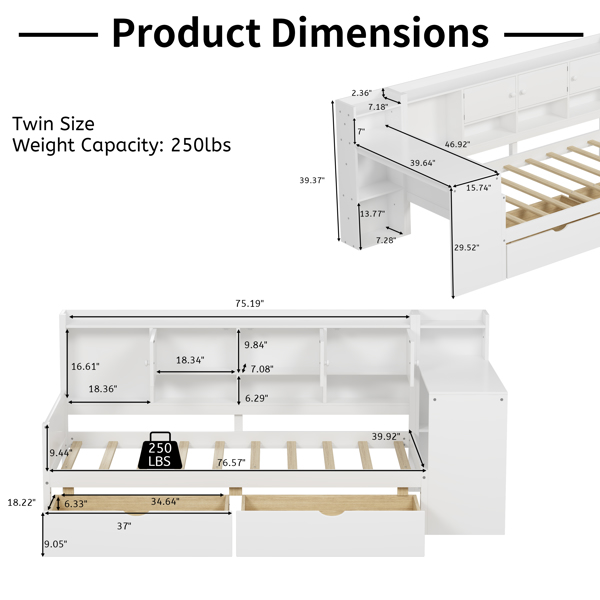 Wooden L-Shape Daybed with Seven Storage Cabinets and Two Storage Drawers, Multi-functional Bed with Study Desk and Built-in Bookshelf, White