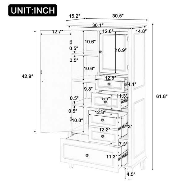 Tall and Wide Storage Cabinet with Doors for Bathroom/Office/Living Room/Indoor, Four Drawers of Different Sizes, Adjustable Shelves, White