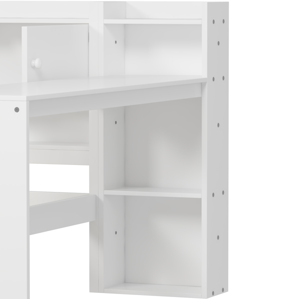 Wooden L-Shape Daybed with Seven Storage Cabinets and Two Storage Drawers, Multi-functional Bed with Study Desk and Built-in Bookshelf, White