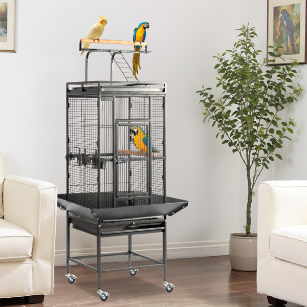 65-inch Wrought Iron Large Rolling Bird Cage with Play Top and Stand for Parrots Lovebird Cockatiel Parakeets, Black