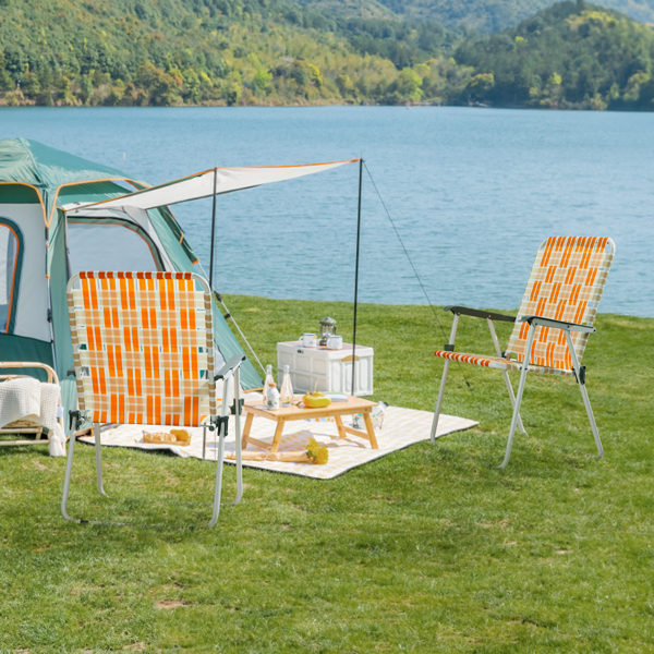 Set of 2 Webbed Folding Beach Chairs, Outdoor Patio Lawn Foldable Chairs for Camping Fishing Yard Poolside BBQ, Orange & White