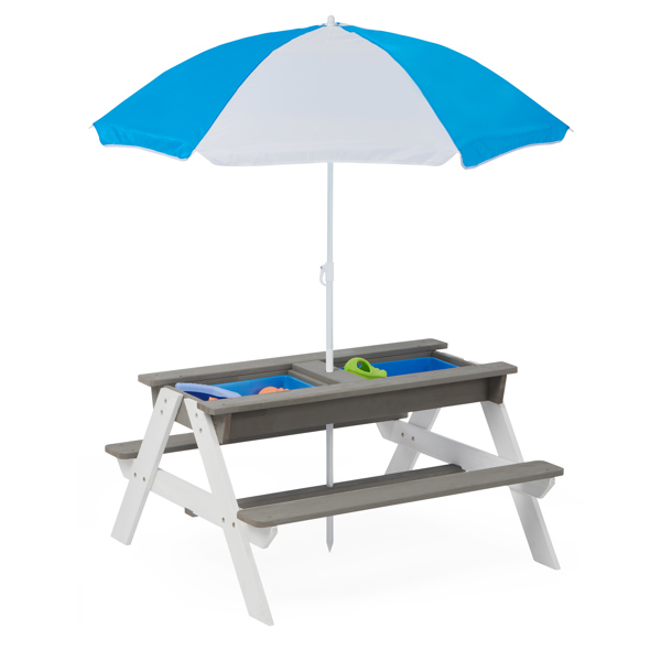 3-in-1 Kids Outdoor Wooden Picnic Table With Umbrella, Convertible Sand & Wate, Gray ASTM & CPSIA CERTIFICATION 