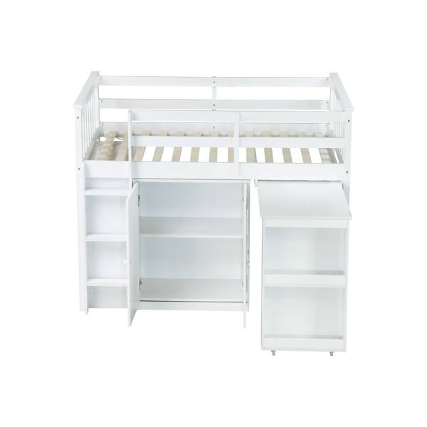 Twin Loft Bed with Storage Cabinet, Drawer and Shelf Cabinet and Pulling-Out Desk, Rubber Wood Loft Bed with Safety Guardrail, Ladder,White