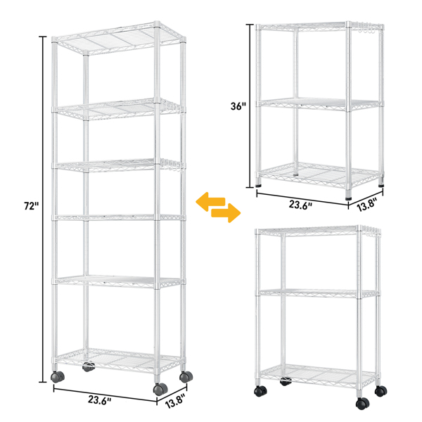 Heavy Duty Storage Shelves  72.83" H   Wire Shelving Unit with Wheels 1020LBS  NSF Metal Shelves for Storage Adjustable Garage Storage Rack Pantry Shelf Commercial Shelving, 72.83" H X 23.6''W X 13.78