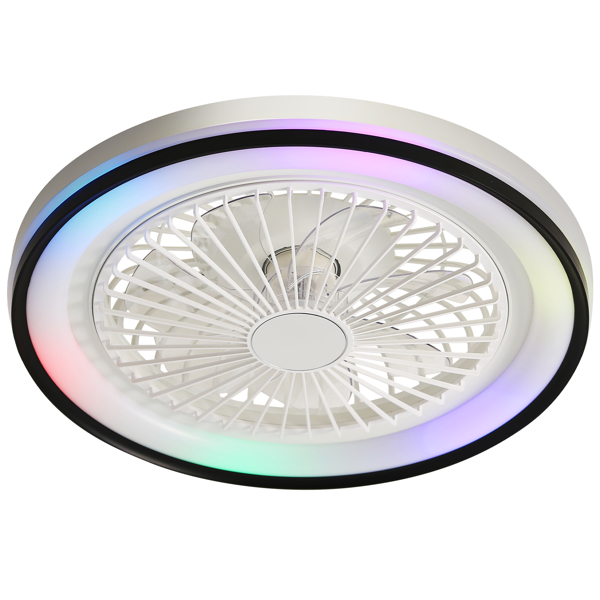 19 Inch RGB Dimmable Led Enclosed Ceiling Fan with Light Flush Mount Bladeless 6 Speed Remote Control for Bedroom Party