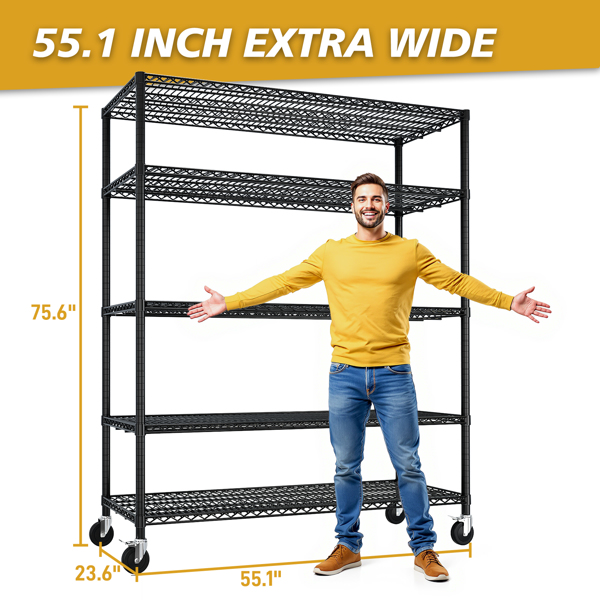 Heavy Duty Storage Shelves  55.12" W  Wire Shelving Unit with Wheels 3200LBS  NSF Metal Shelves for Storage Adjustable Garage Storage Rack Pantry Shelf Commercial Shelving, 75.59" H X 55.12''W X 23.62