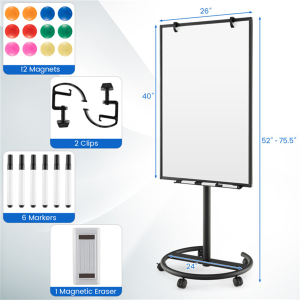 Magnetic Whiteboard,Height-Adjustable Mobile Whiteboard with Round Stand Paper Clips