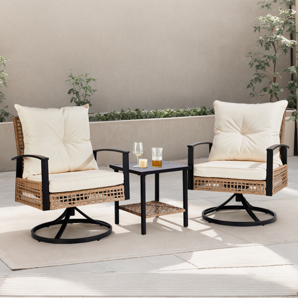 3 Pieces Outdoor Swivel Rocker Patio Chairs, Wicker Patio Bistro Set with 2 Rocking Chairs and 1 Coffee Table, Patio Furniture Set with Thickened Cushions for Porch Backyard Poolside