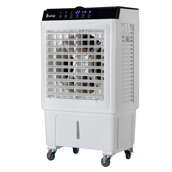 ZOKOP-3 in 1 Portable Evaporative Cooler,Indoor,Outdoor,2353CFM Personal Air Cooler with remote ,7.93 Gal Large Water Tank & Scroll Casters, 4 Ice Packs,White