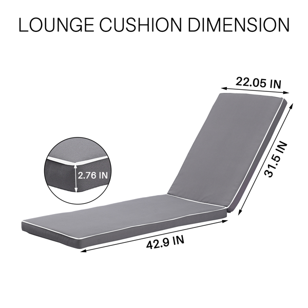 2PCS Set Outdoor Lounge Chair Cushion Replacement Patio Funiture Seat Cushion Chaise Lounge Cushion-Grey with white Border