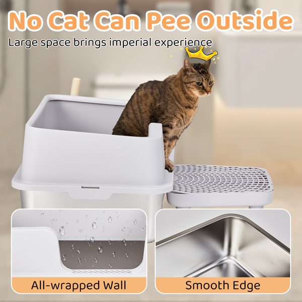 Stainless Steel Cat Litter Box with Lid, Extra Large Litter Pan with High Sides for Big Cats, Kitty Litter Box with Pedal Filter and Scoop, No Odor, Non-Sticky, Anti-Leakage, Easy Cleaning, Gray