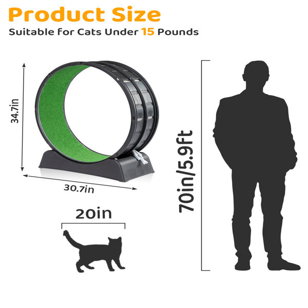 Cat Exercise Wheel, 31 inch Cat Wheels for Indoor Cats, Cat Treadmill Wheel Exerciser with Carpeted Runway, Plastic Cat Running Wheel for Cats Daily Exercise and Weight Loss, Black