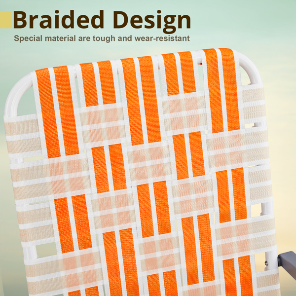 Set of 2 Webbed Folding Beach Chairs, Outdoor Patio Lawn Foldable Chairs for Camping Fishing Yard Poolside BBQ, Orange & White