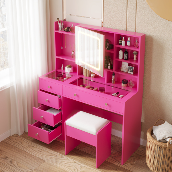 Barbie Pink Textured Particle Board with Melamine Laminate, Tempered Glass Top, Five-Drawer Dressing Table Set with Shelves, Hooks, Power Strip, and LED Three-Color Dimmable Light