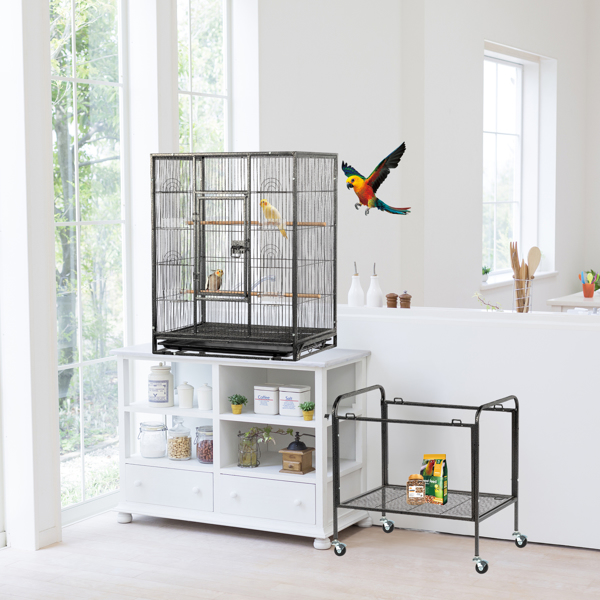 53" Large Flight Bird Cage with Rolling Stand & Storage Shelf for Parrots Lovebird Cockatiel Parakeets, Black