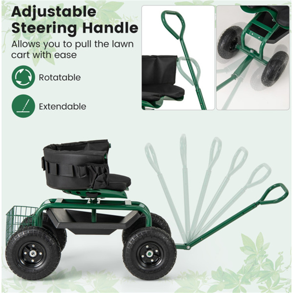 Garden Cart Height Adjustable Scooter with Swivel Seat & Tool Storage Green