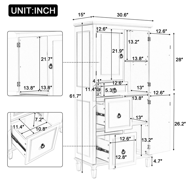 Retro Multi-Functional Storage Cabinet with Adjustable Shelves, 3 Drawers, and 3 Enclosed Compartments – Stylish and Versatile Organizer for Living Room, Kitchen, or Office, White