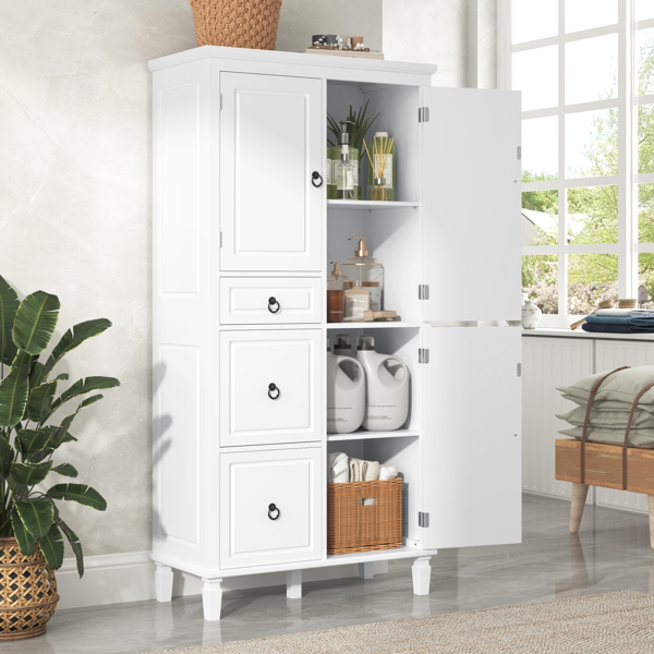 Retro Multi-Functional Storage Cabinet with Adjustable Shelves, 3 Drawers, and 3 Enclosed Compartments – Stylish and Versatile Organizer for Living Room, Kitchen, or Office, White