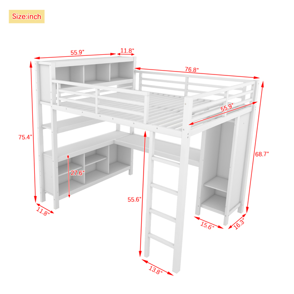 Metal Loft Bed with Wardrobe And L-shaped Desk, Full Size Loft Bed with Storage Cubes and Shelves, Heavy Duty Loft Bed for Kids Teens Adults, White