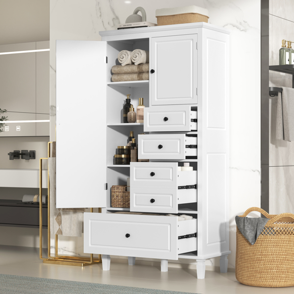 Tall and Wide Storage Cabinet with Doors for Bathroom/Office/Living Room/Indoor, Four Drawers of Different Sizes, Adjustable Shelves, White